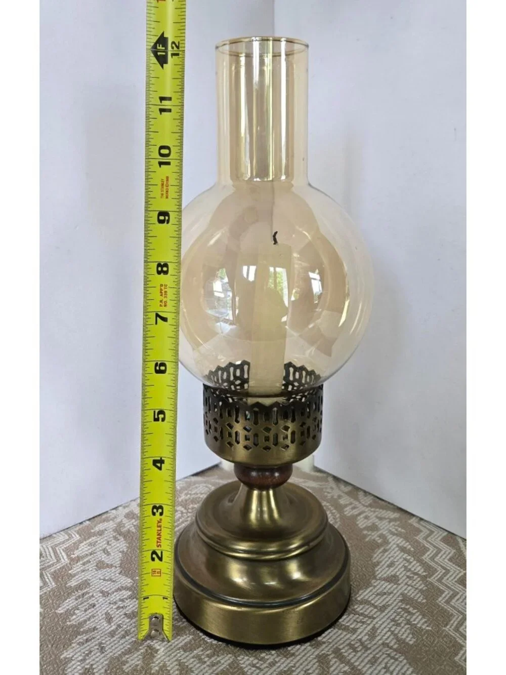 Vintage Brass Hurricane Candle Holder With Amber Glass Globe - Elegant Home Déco